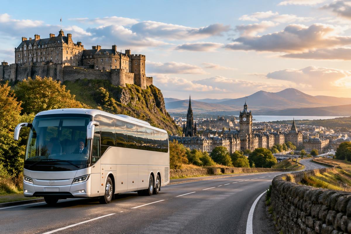 Modern coach travelling from Edinburgh Castle towards the Scottish Highlands