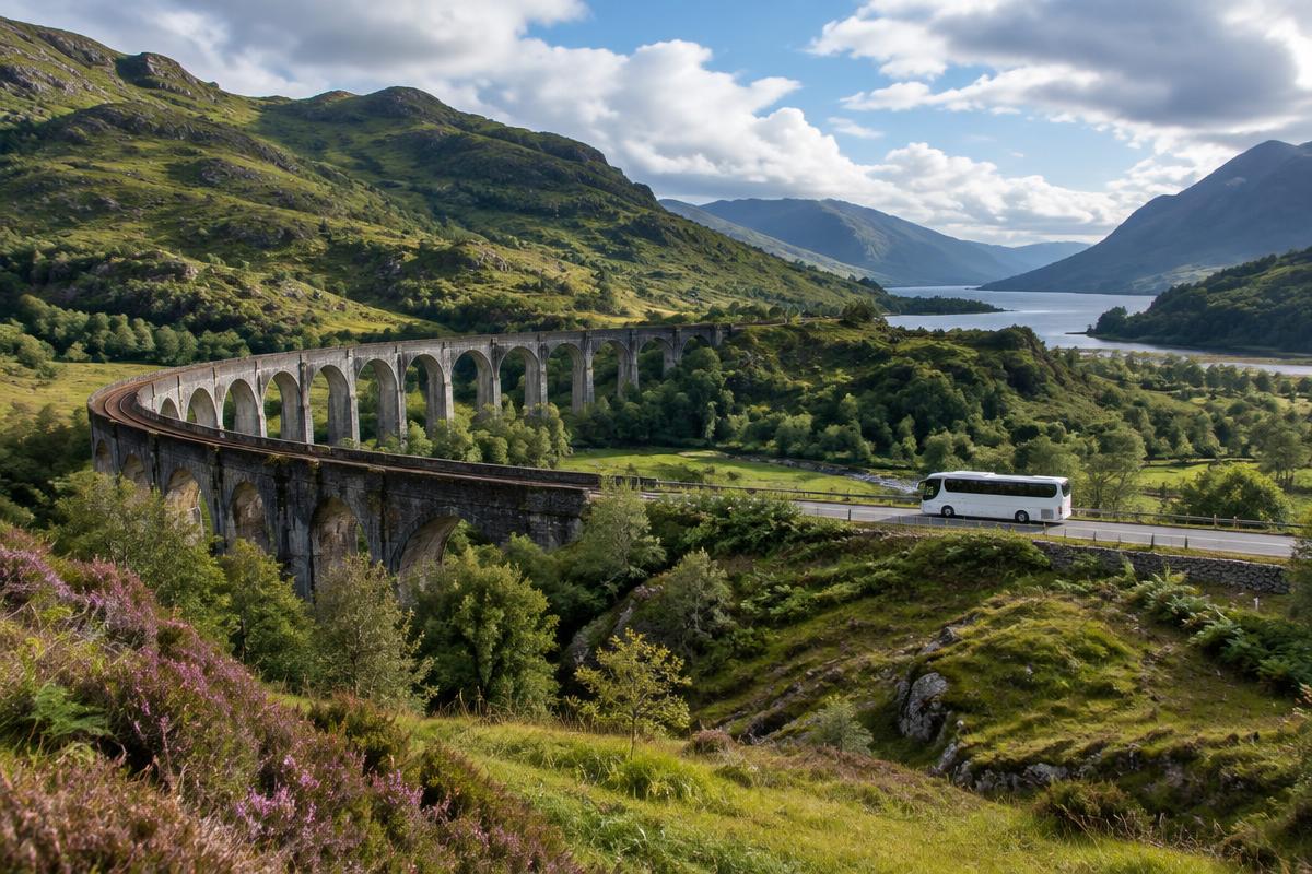 Coach near Glenfinnan Viaduct among green West Highland hills