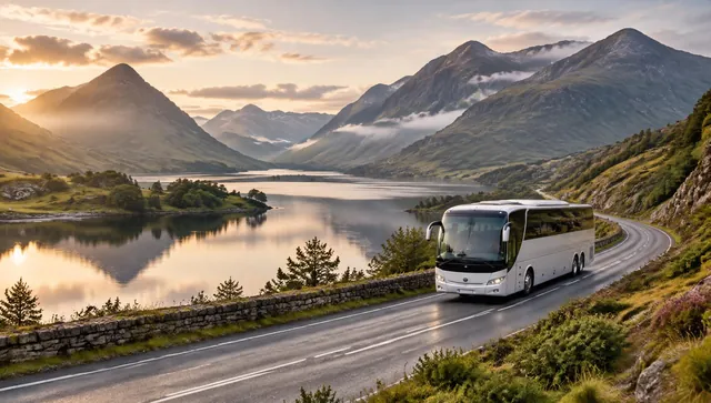 Coach travelling through Highland scenery