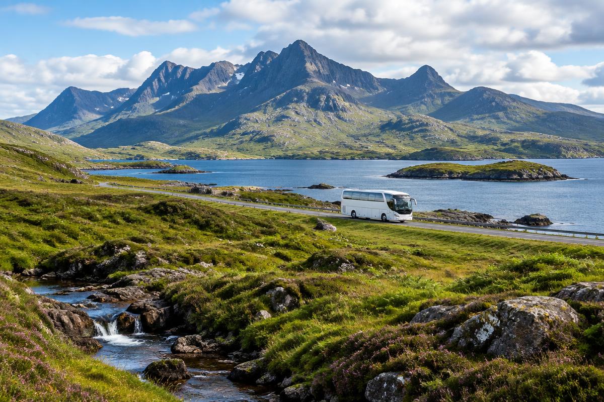 Modern coach crossing the Isle of Skye beneath the Cuillin mountains