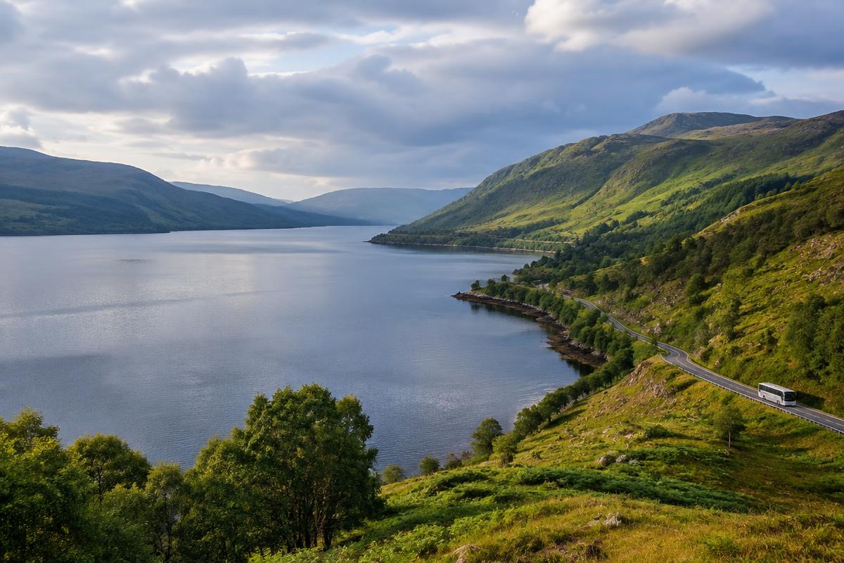 Loch Ness surrounded by green Highland hills with a coach on the loch road